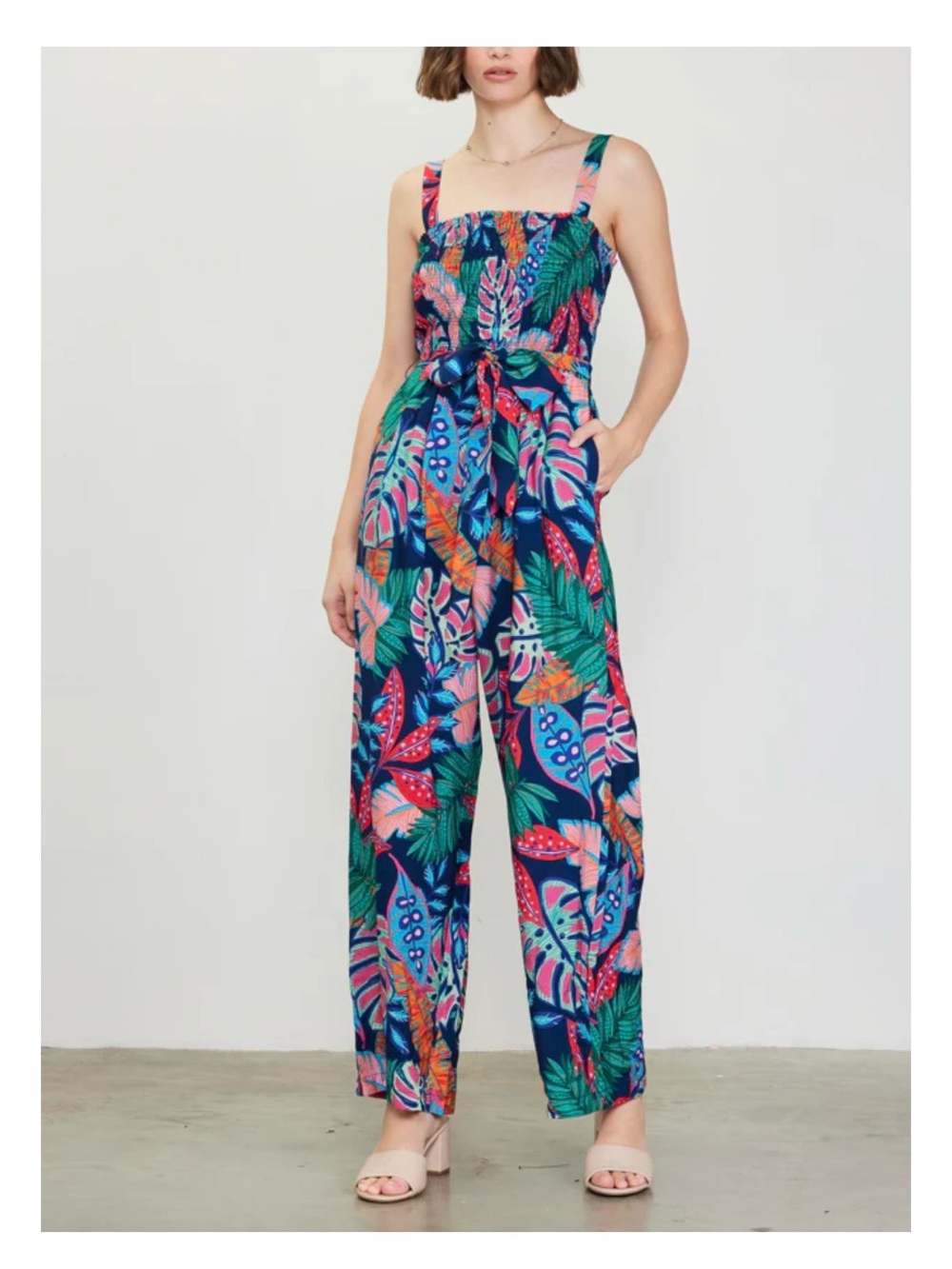 Skies Are Blue Floral Tropical Navy Wide-Leg Jumpsuit